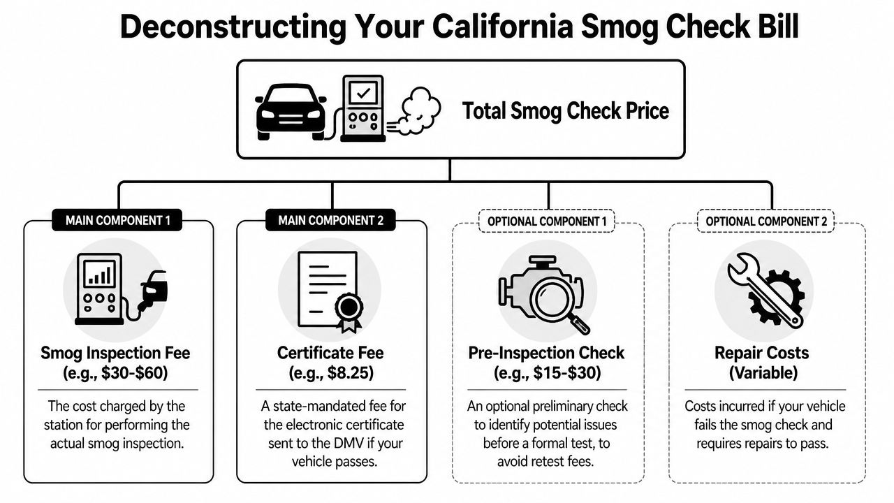 An infographic showing the breakdown of costs associated with a California state smog check inspection.