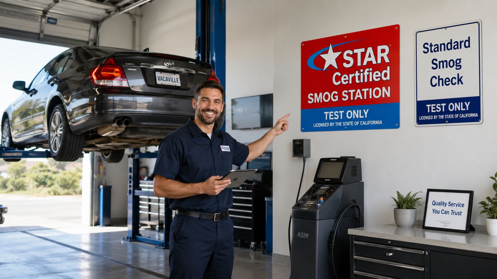 A friendly auto technician in Vacaville pointing at a STAR Certified Smog Station sign in his garage.