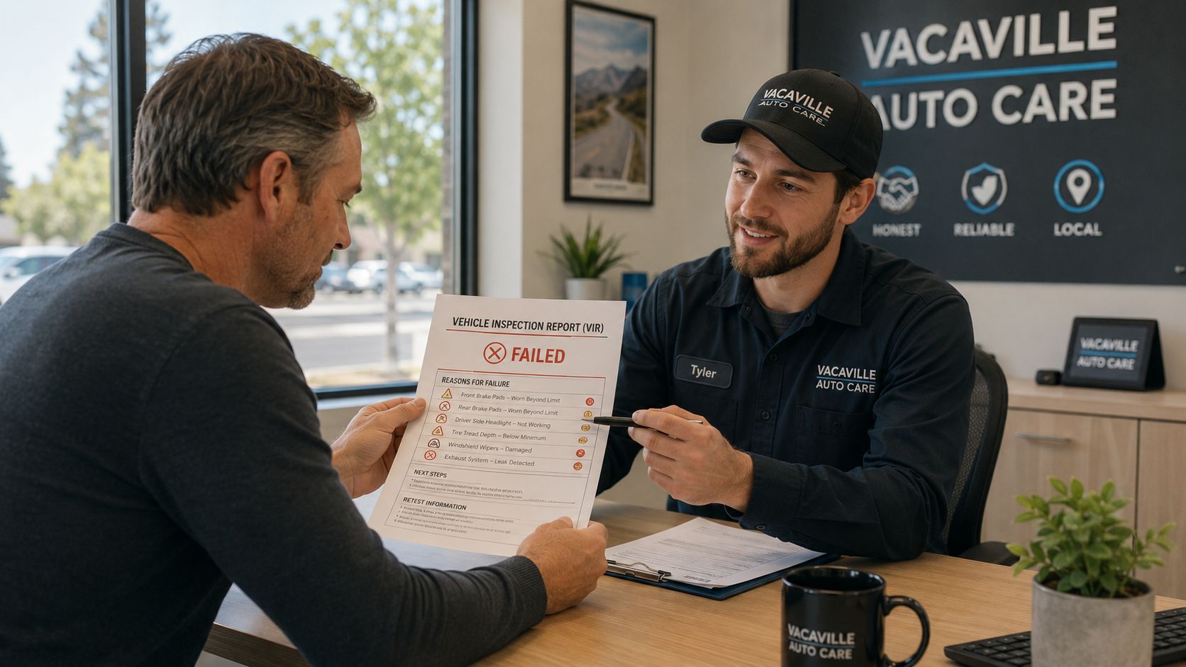 A mechanic in a Vacaville Auto Care uniform explains a failed vehicle inspection report to a customer.