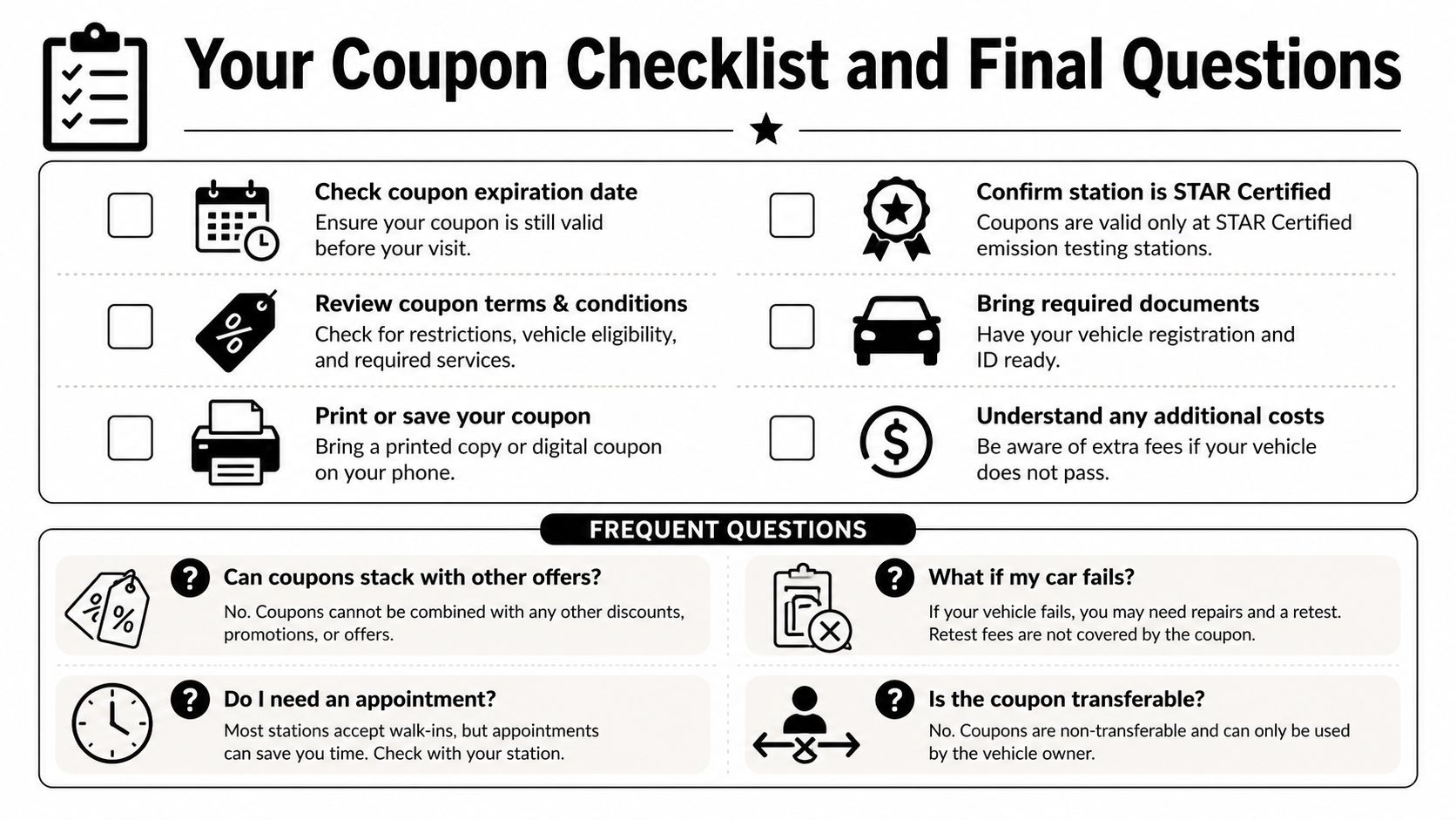 A checklist for using smog test coupons, including important tips and answers to frequently asked questions.