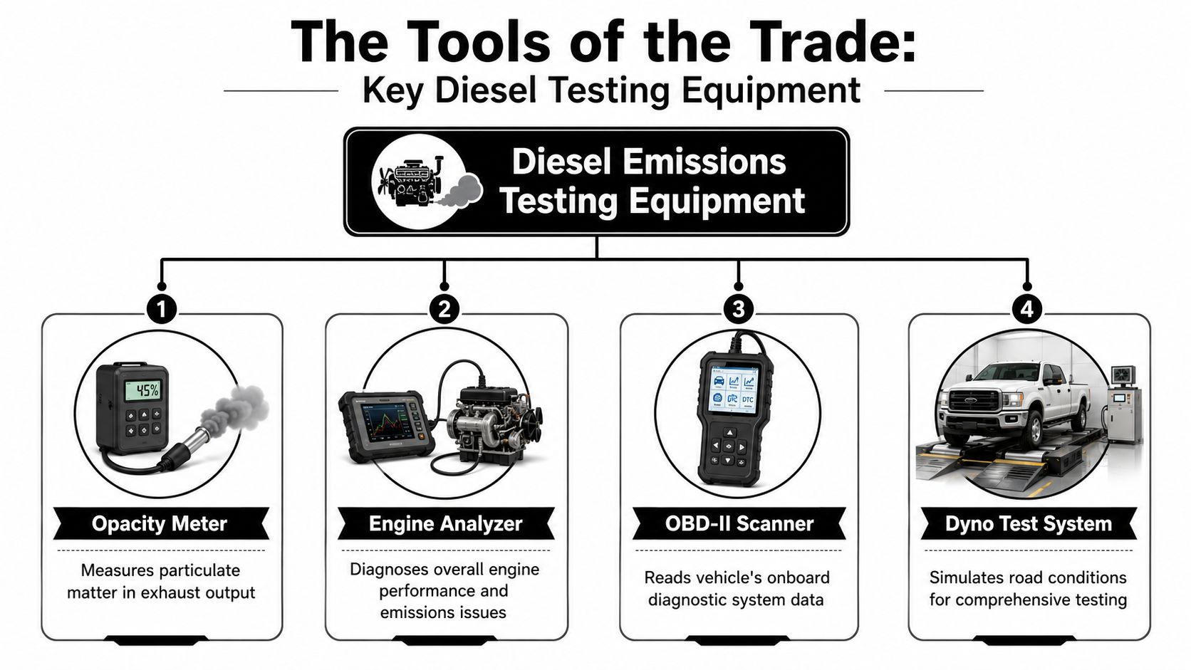 A diagnostic infographic showing four essential tools for testing diesel engine emissions and vehicle performance.