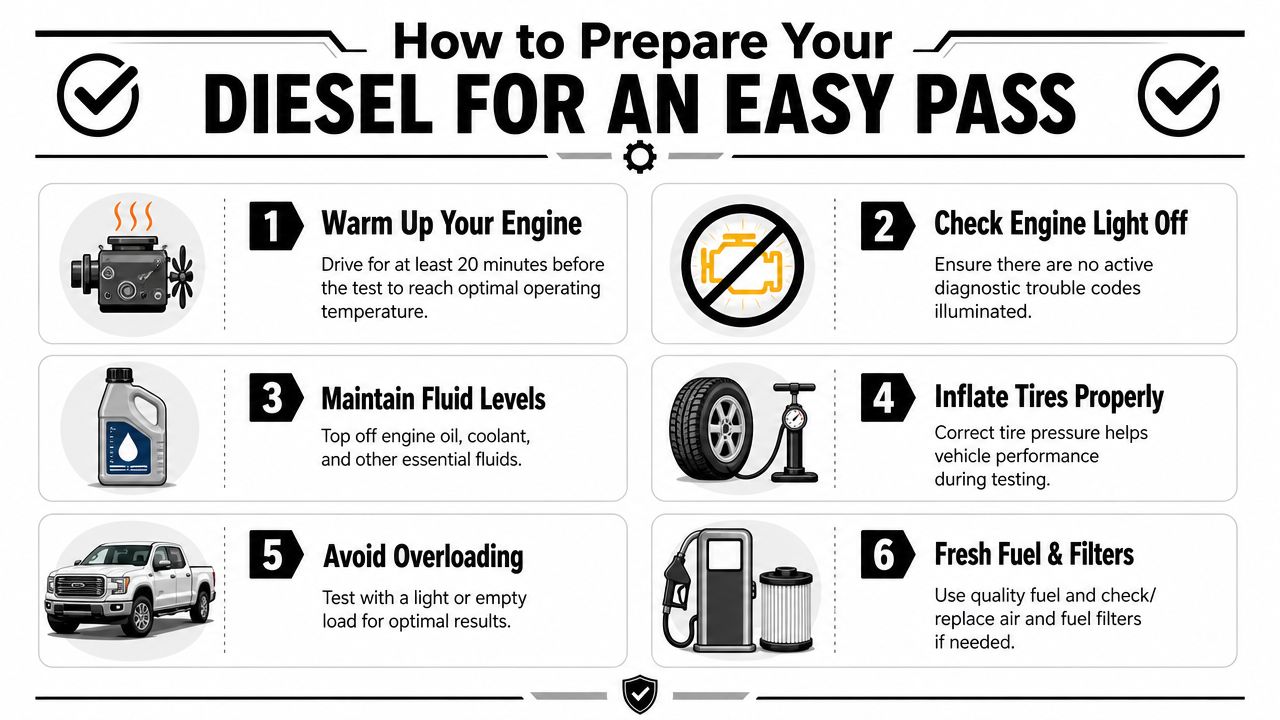 An infographic titled How to Prepare Your Diesel for an Easy Pass listing six maintenance steps.