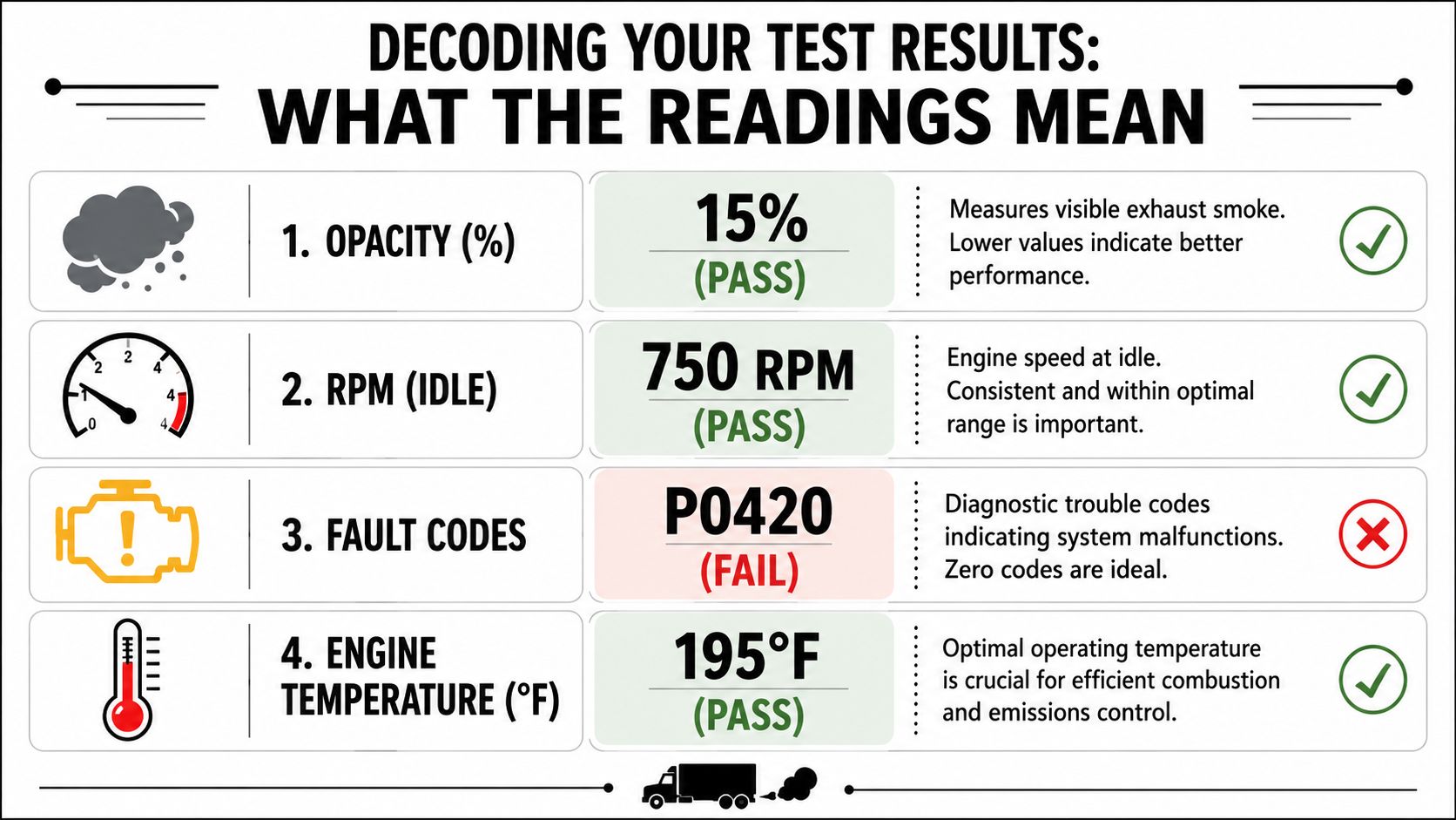 A diagnostic chart showing four engine test results with checkmarks and an X for a fail result.