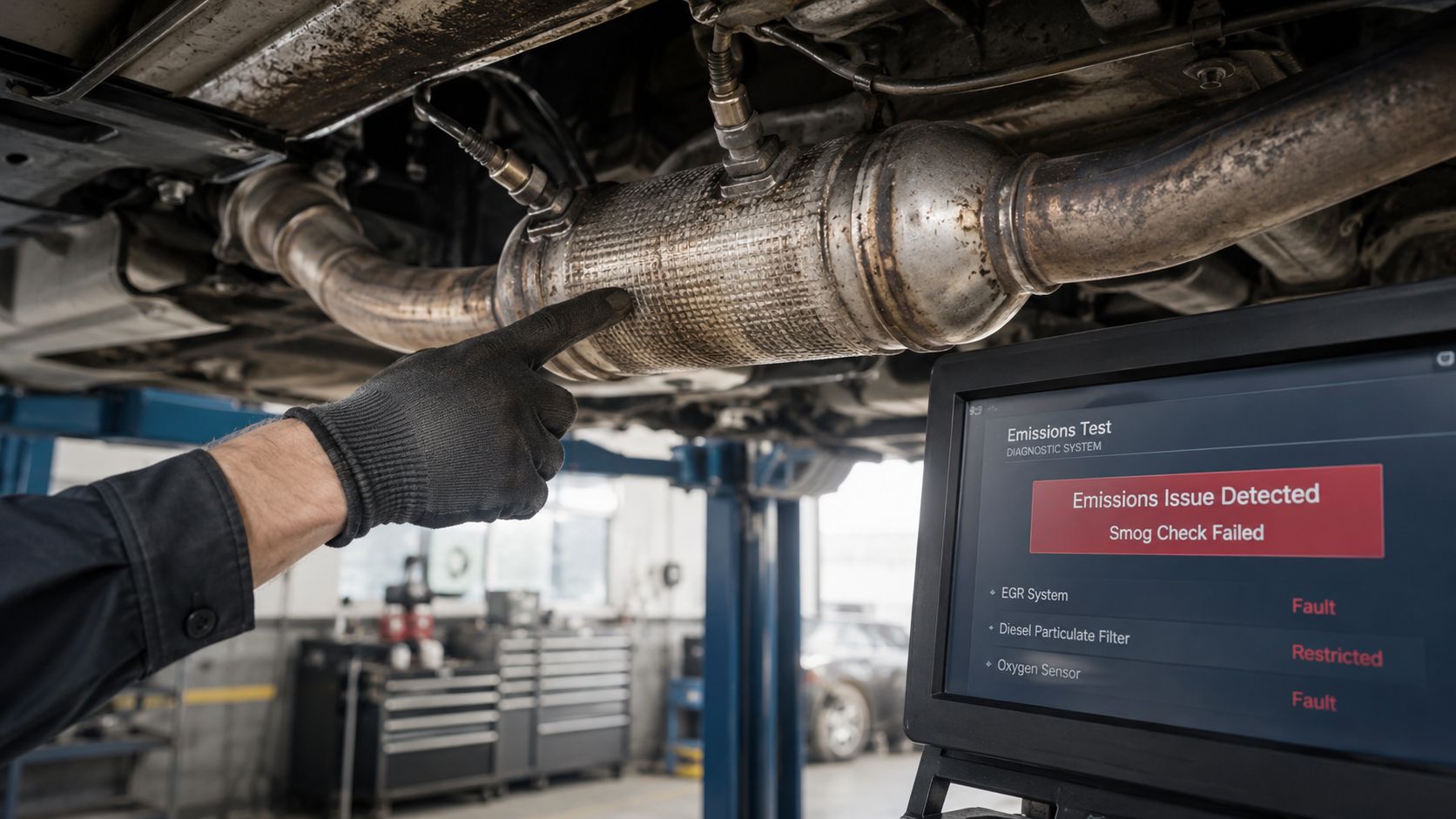 A mechanic inspecting a vehicle undercarriage with an emissions diagnostic tablet showing a failed smog check.