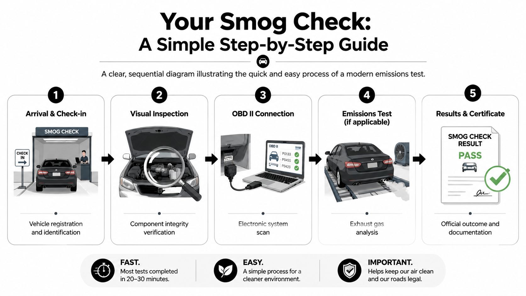 A five-step infographic guide detailing the standard procedure for conducting a modern vehicle emissions smog check.