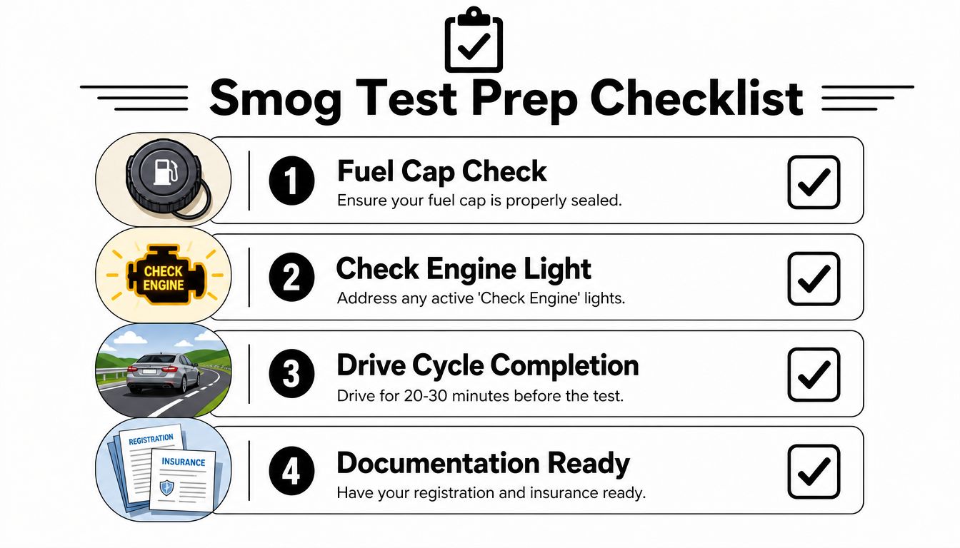 A four-step checklist for vehicle smog test preparation including fuel cap, engine light, driving, and documentation.
