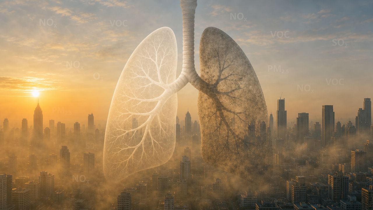 Conceptual image of human lungs over a smog-filled city skyline, symbolizing urban air pollution health risks.