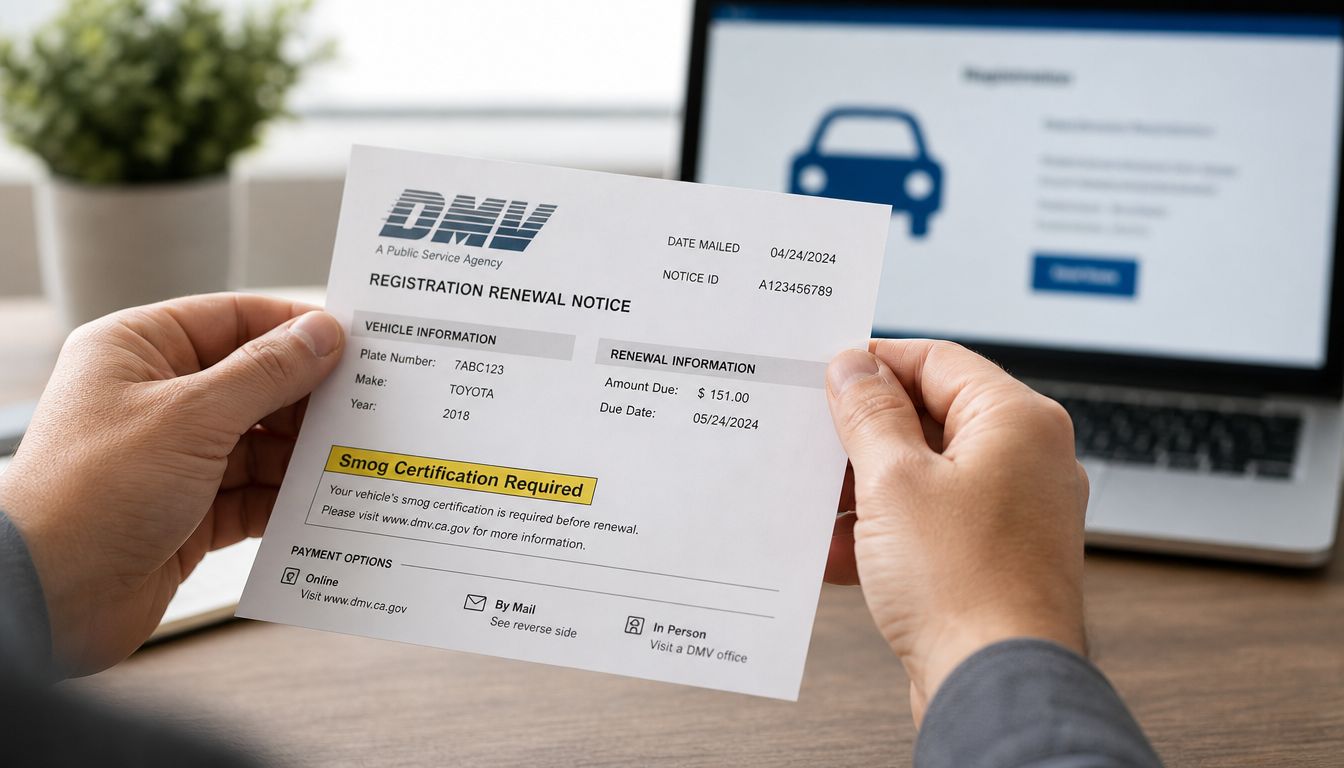 A person holding a DMV registration renewal notice requiring a smog certification at a desk.