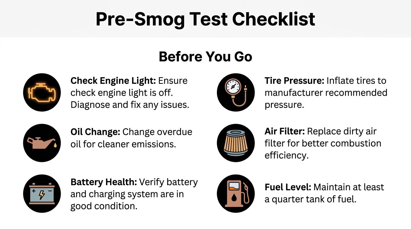 A checklist illustrating six essential vehicle maintenance tasks to perform before a smog test.