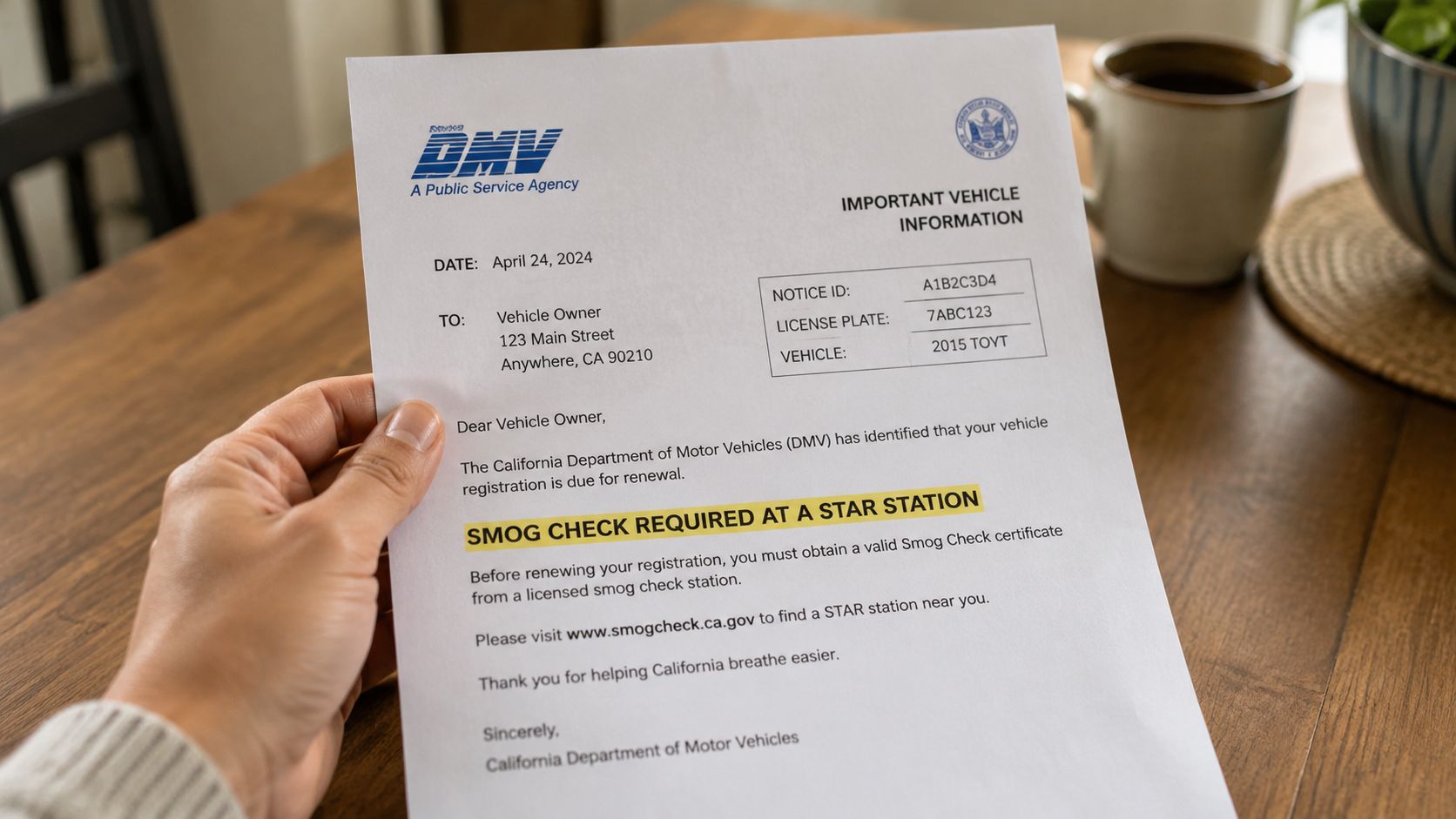 A person holding a California DMV document requiring a smog check at a STAR station.