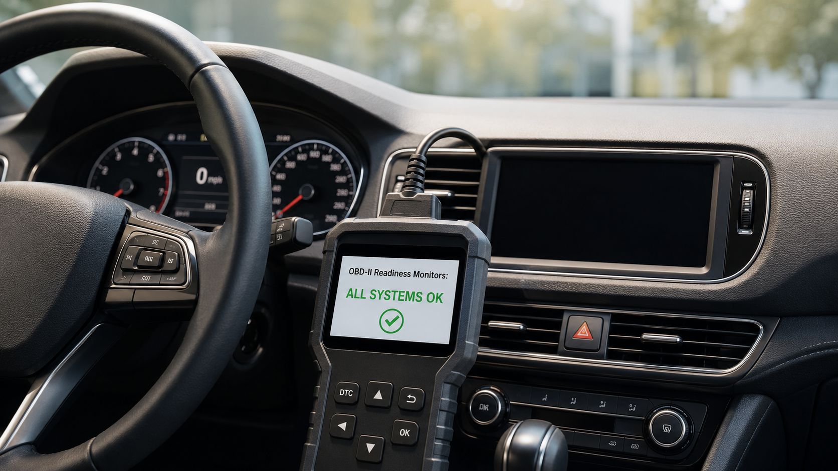 An OBD-II diagnostic scanner connected to a car dashboard shows that all system monitors are working correctly.