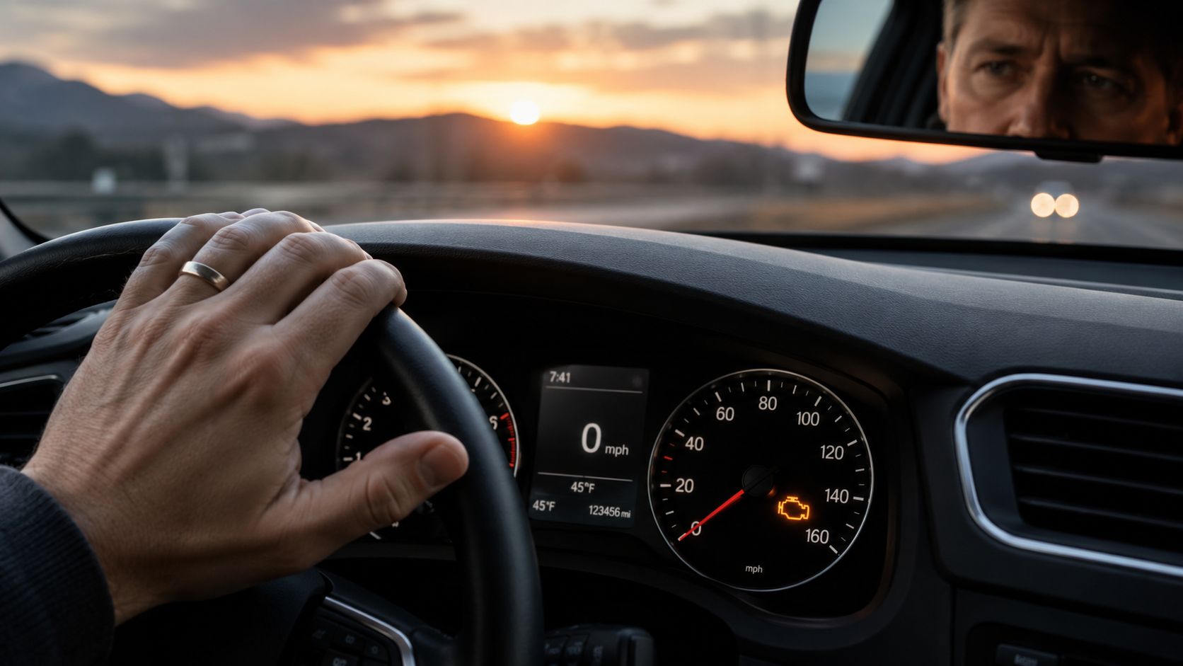 A driver's view from behind the steering wheel at sunset with an illuminated check engine light visible.