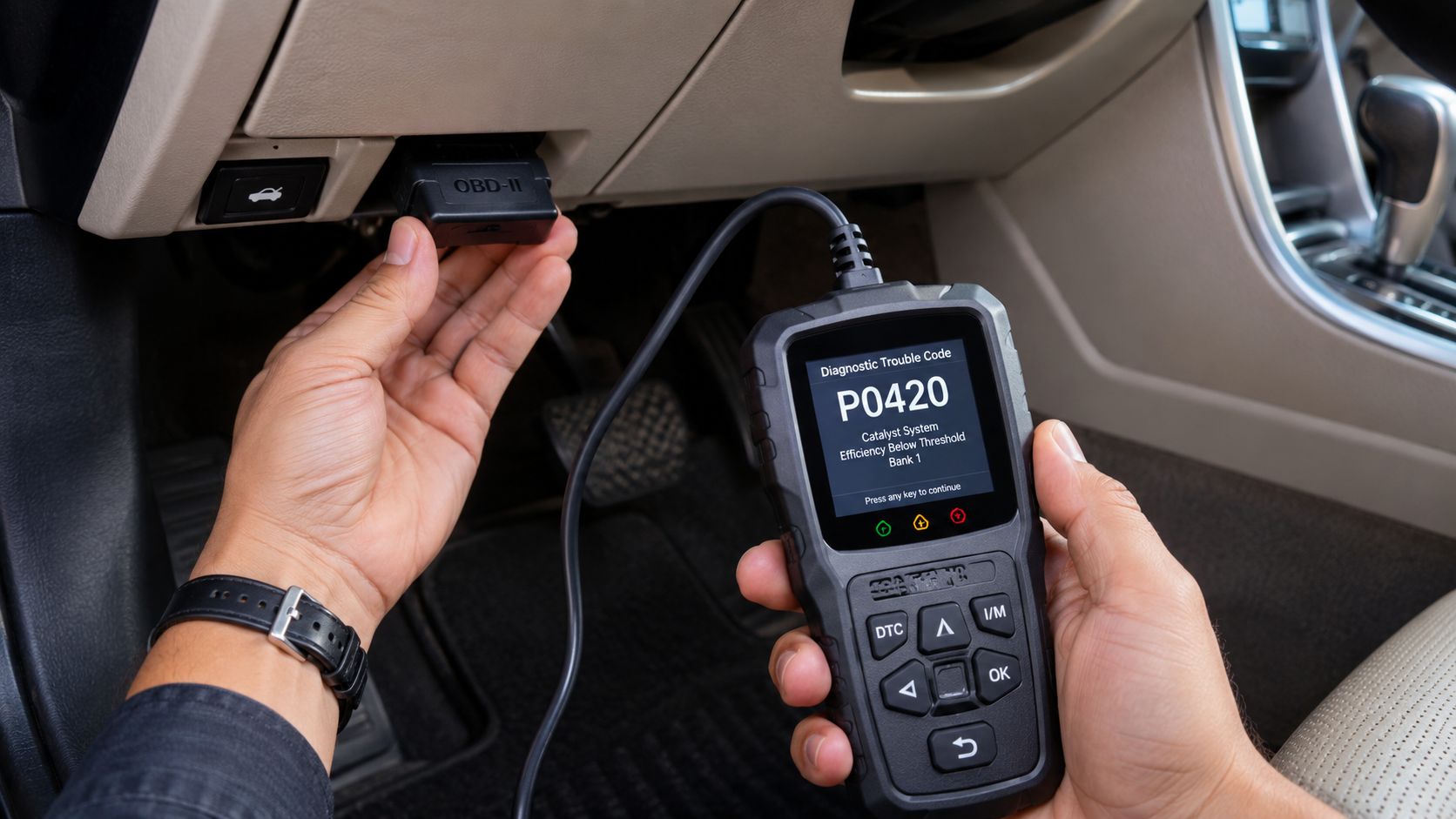 A person using an OBD-II diagnostic scanner connected to a car dashboard to read error codes.