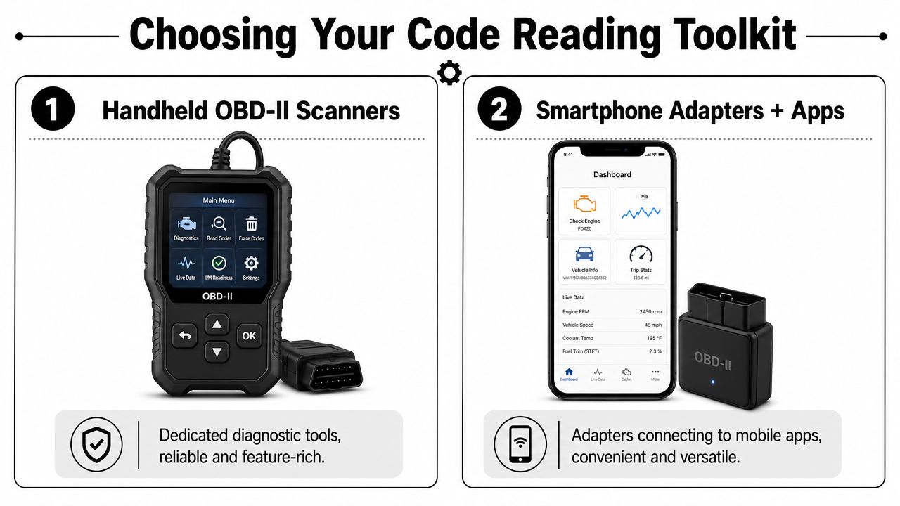 An infographic comparing handheld OBD-II scanners to smartphone-connected OBD-II diagnostic adapters for reading vehicle error codes.