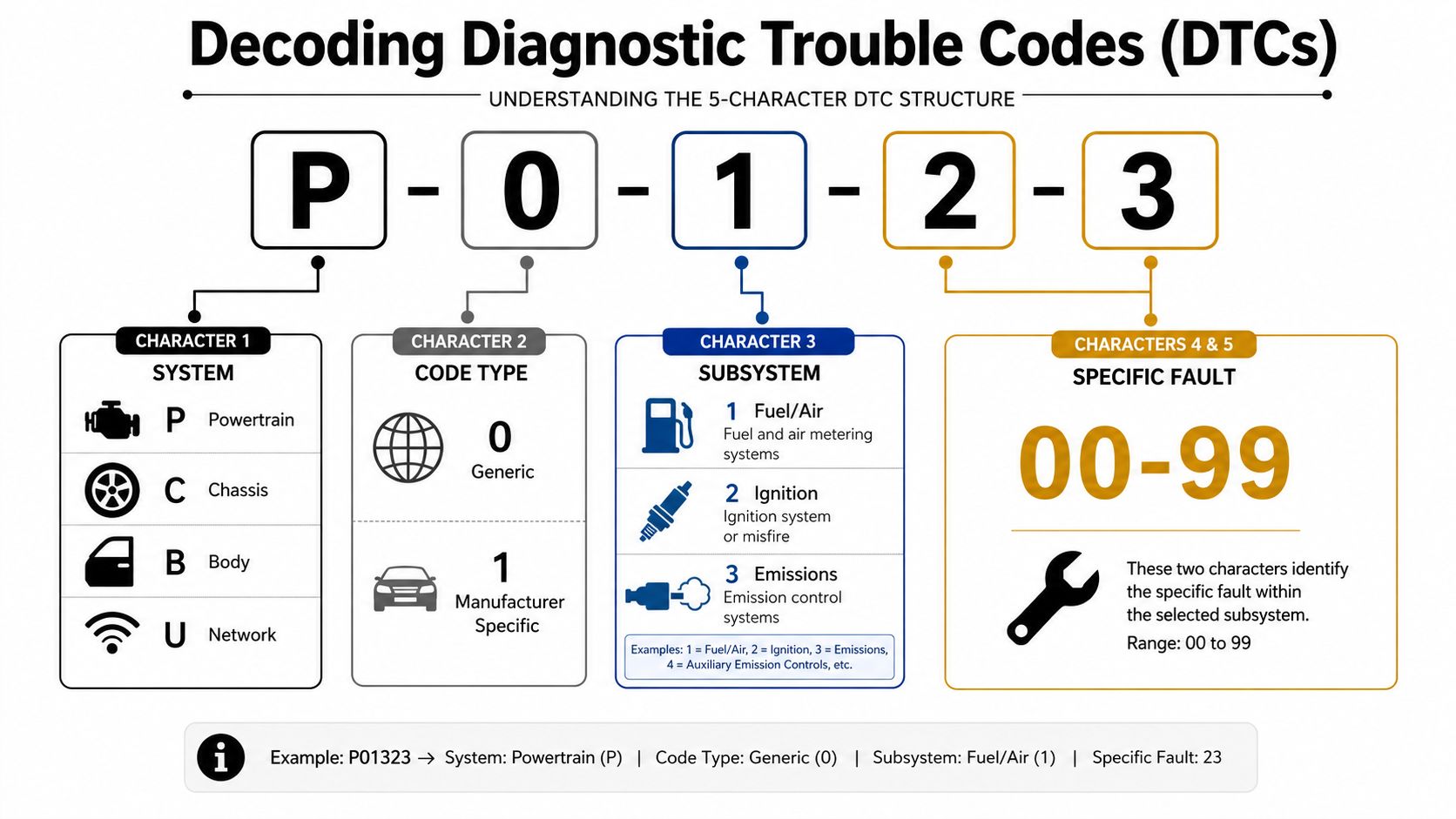 An infographic explaining the structure of a five-character OBD diagnostic trouble code for vehicle maintenance.
