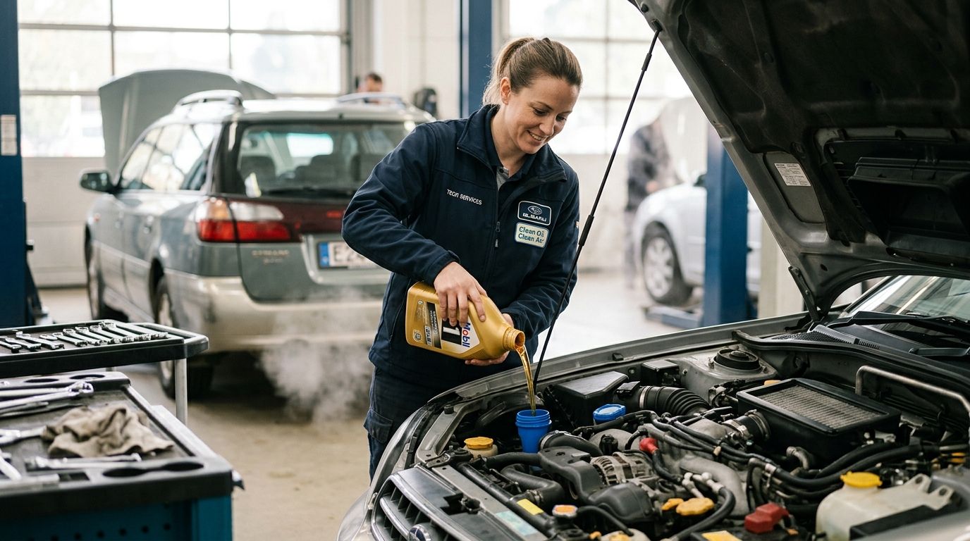 A smiling female mechanic pouring motor oil into a car engine at a professional service center.