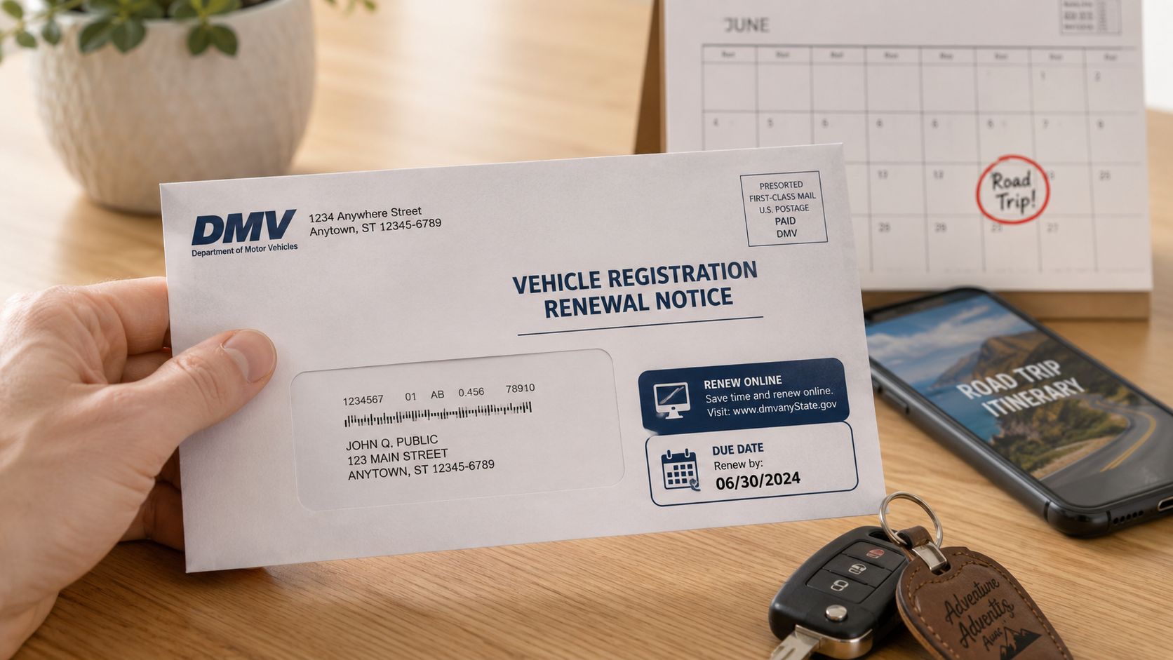 A person holding a DMV vehicle registration renewal notice envelope on a desk next to car keys.