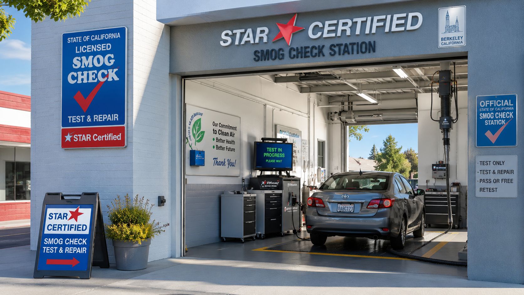 A gray Toyota sedan being inspected for emissions at a certified smog check station in Berkeley, California.