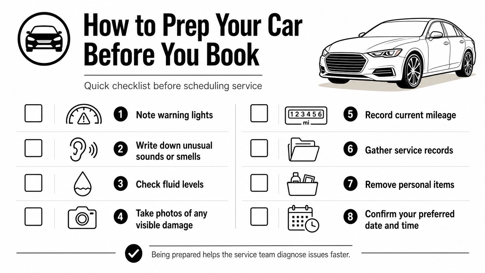 A helpful checklist infographic titled How to Prep Your Car Before You Book, showing eight essential preparation steps.