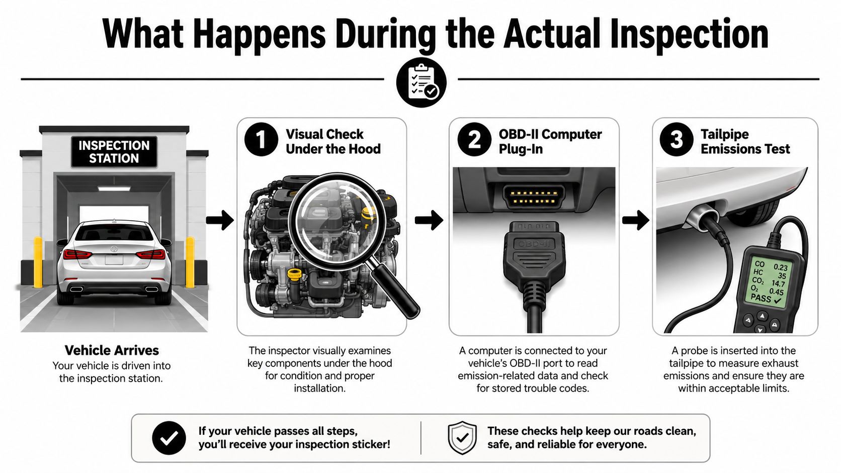 An infographic detailing the three main steps of a vehicle emissions inspection, including visual, computer, and tailpipe tests.