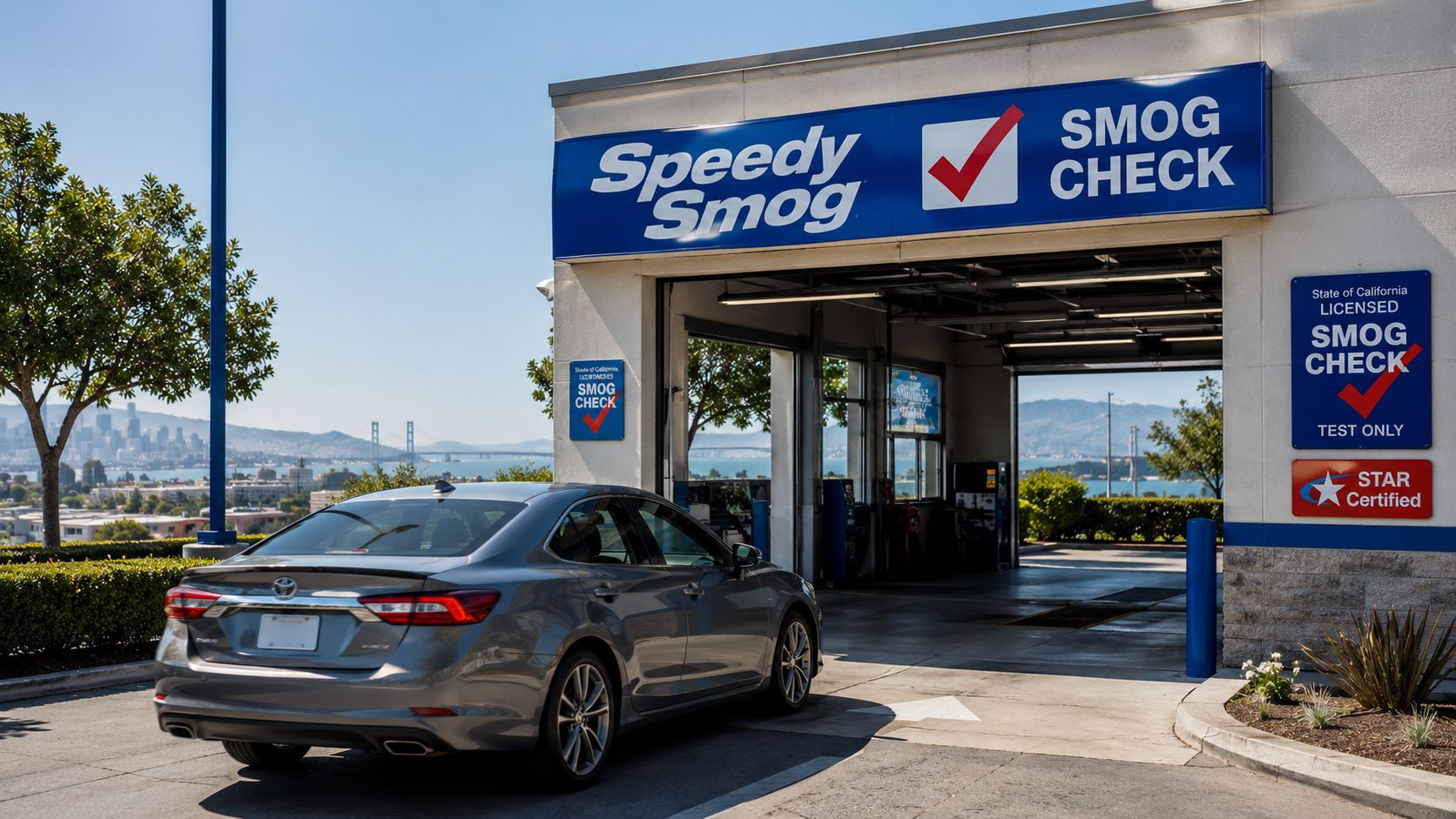 A silver car waiting for a smog check at a service station in San Francisco with a scenic view.