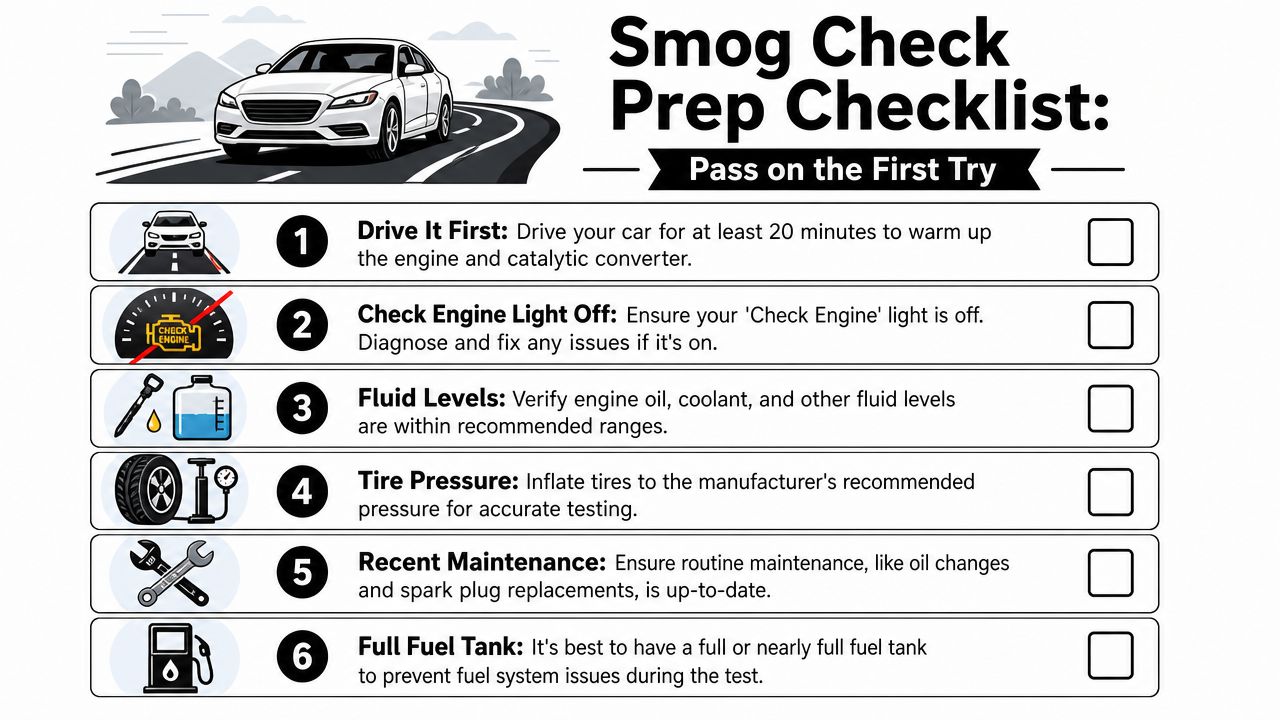 A checklist infographic outlining six essential steps to prepare a vehicle for a successful smog check inspection.