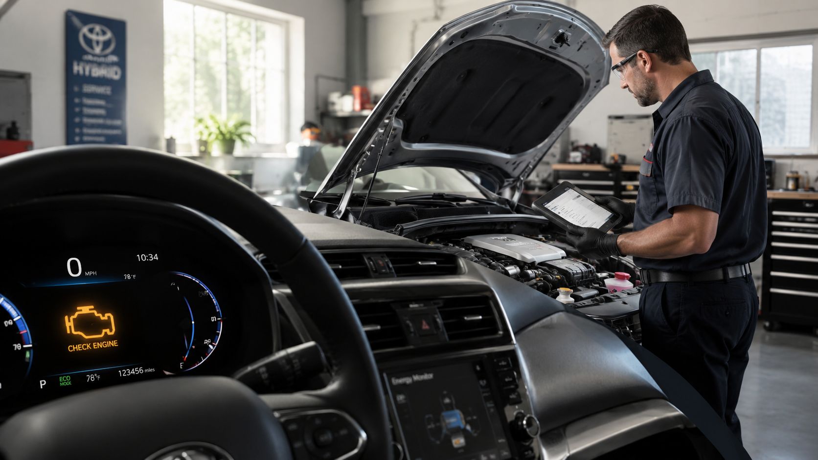 A professional automotive technician inspecting a hybrid vehicle engine while holding a diagnostic tablet in a workshop.