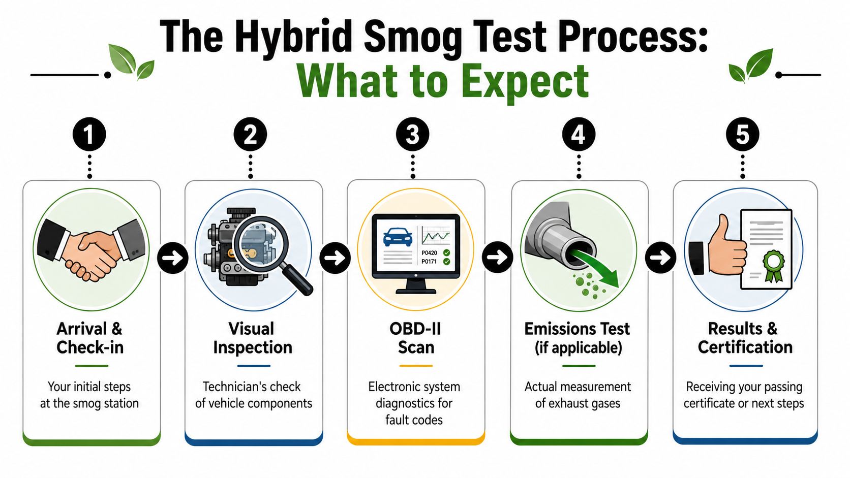 A flowchart showing the five-step process of a hybrid vehicle smog check including inspection and certification.