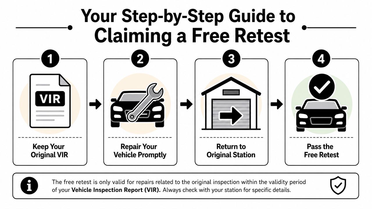 A four-step infographic illustrating the process for claiming a free vehicle smog inspection retest.