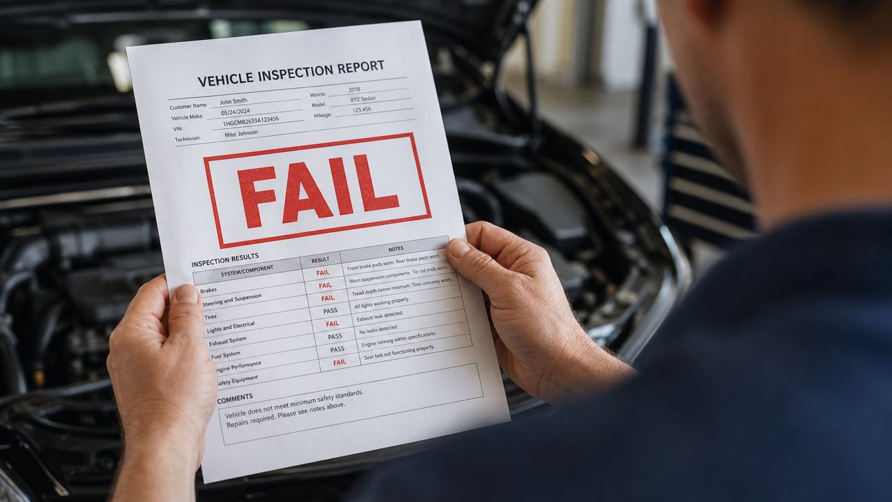 A mechanic holding a vehicle inspection report that shows a failed result for multiple car safety components.