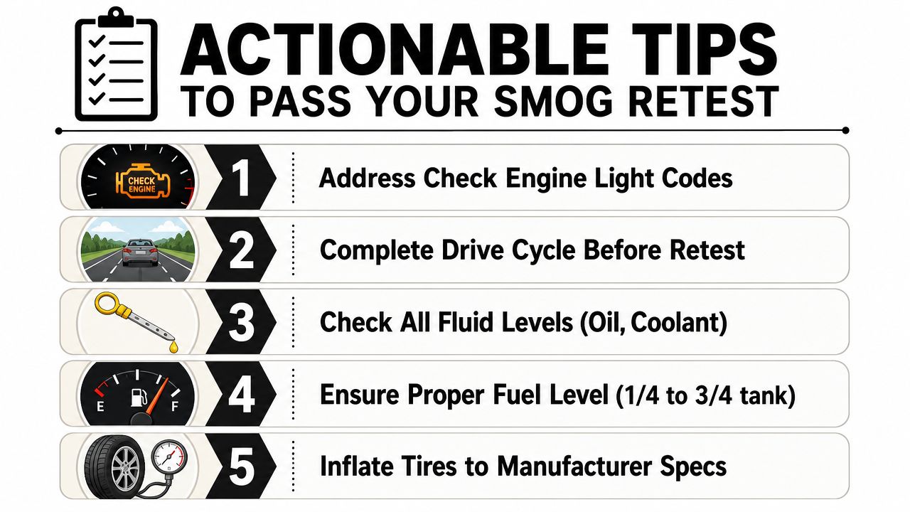 An infographic showing five actionable tips to help prepare your vehicle for a successful smog retest.