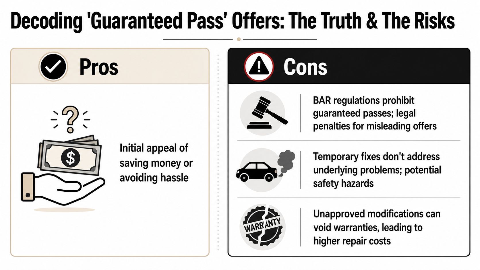 An infographic comparing the pros and cons of car repair shops offering a guaranteed smog check pass.