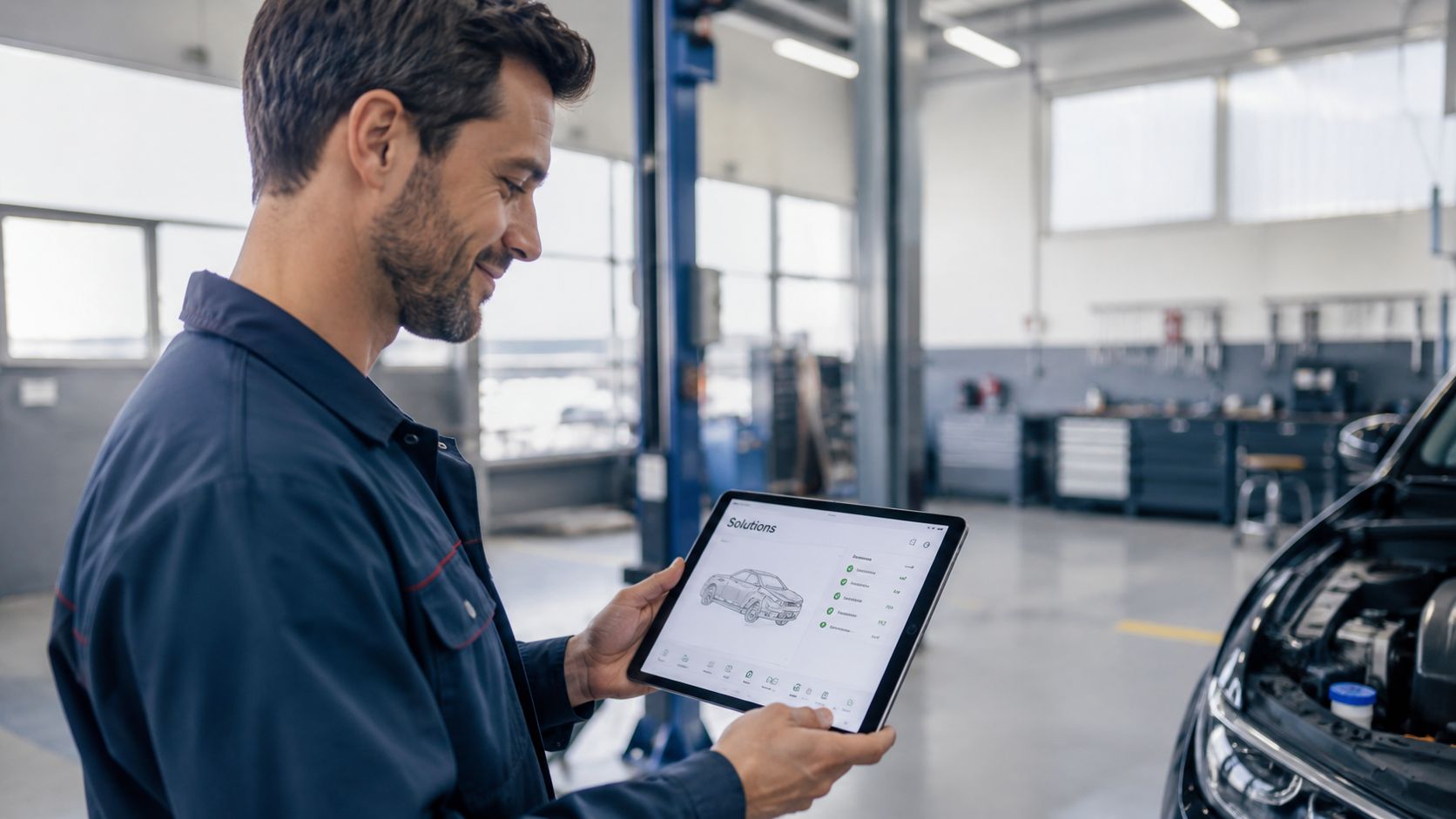 A professional mechanic in a workshop holds a tablet displaying vehicle diagnostic solutions and system status information.