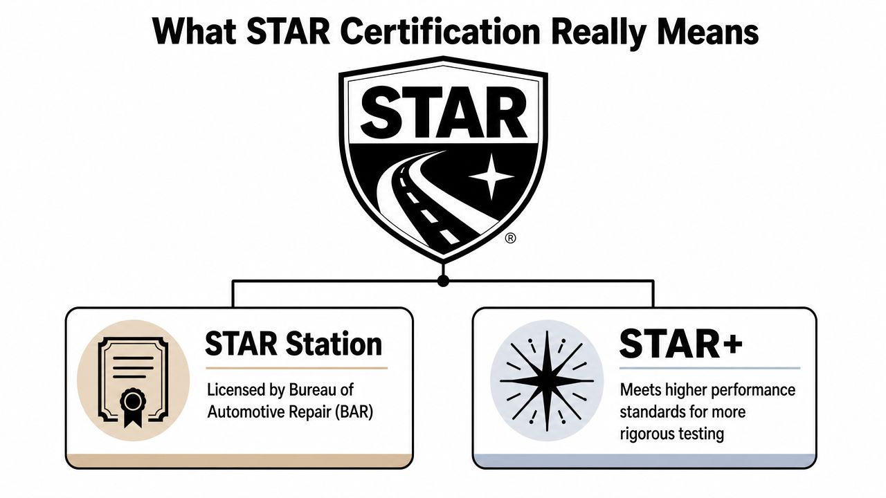 A diagram explaining the differences between California's STAR station and STAR+ smog check certification programs.