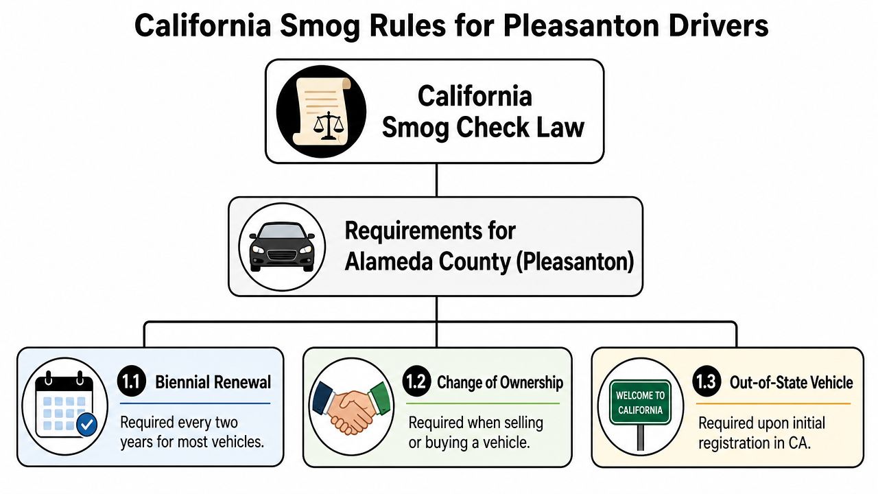 A flowchart outlining the California smog check requirements for vehicle owners living in Pleasanton, Alameda County.