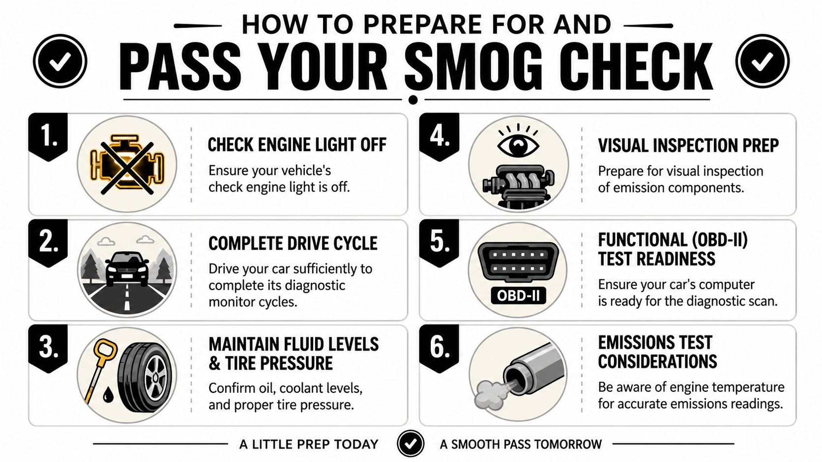 A six-step infographic guide explaining how to prepare for and pass a vehicle smog check.