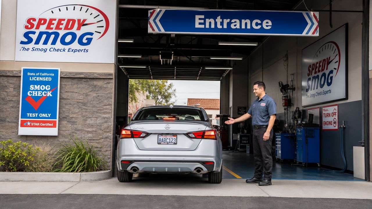 A technician gestures for a silver sedan to enter a Speedy Smog facility for an inspection.
