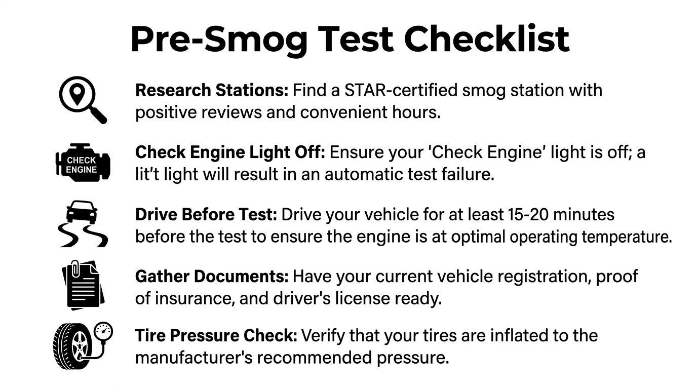 A checklist graphic illustrating five important steps to prepare for a vehicle's smog inspection test.