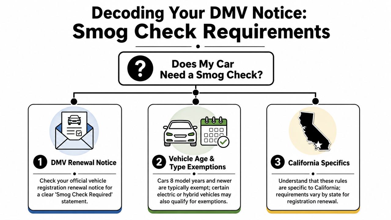 An infographic titled Decoding Your DMV Notice explaining smog check requirements for California vehicle registration renewal.