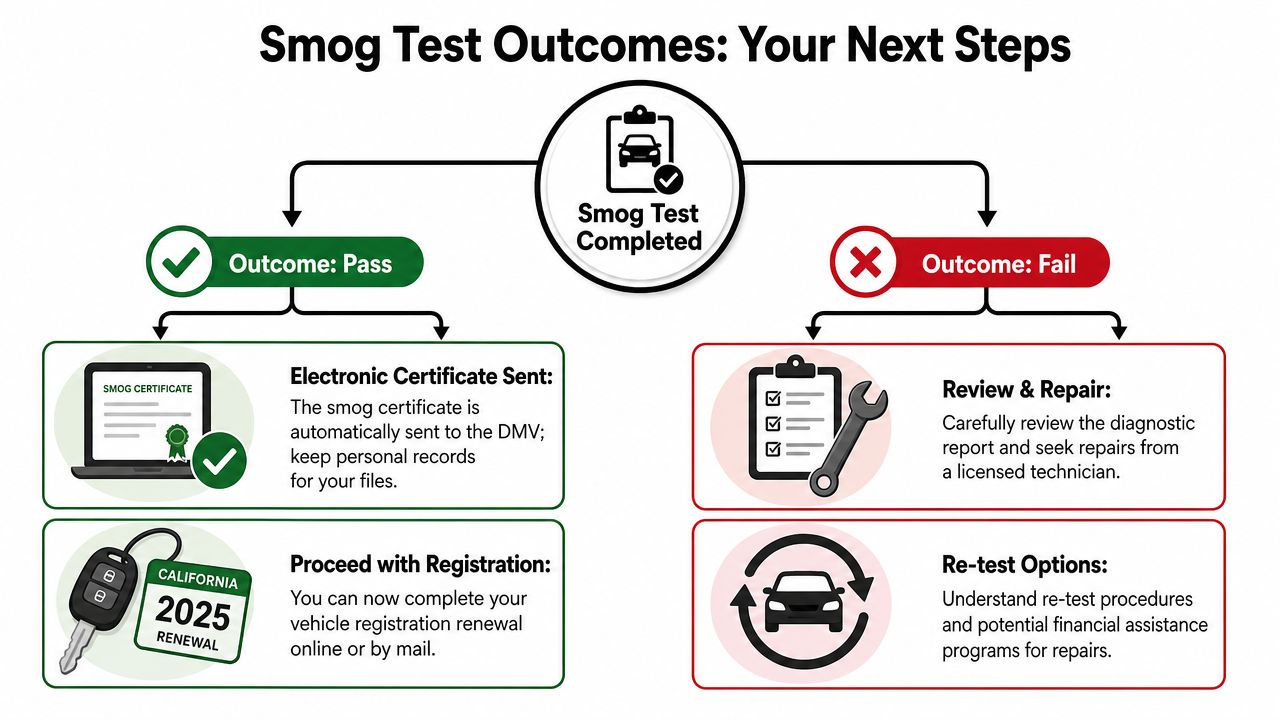 An infographic explaining the next steps to take after completing a vehicle smog test in California.