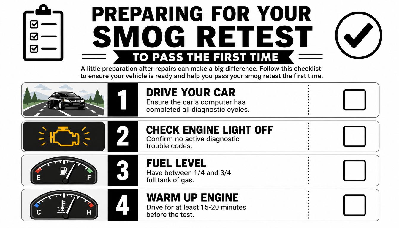 A four-step checklist for preparing your vehicle to pass a smog retest efficiently and successfully.