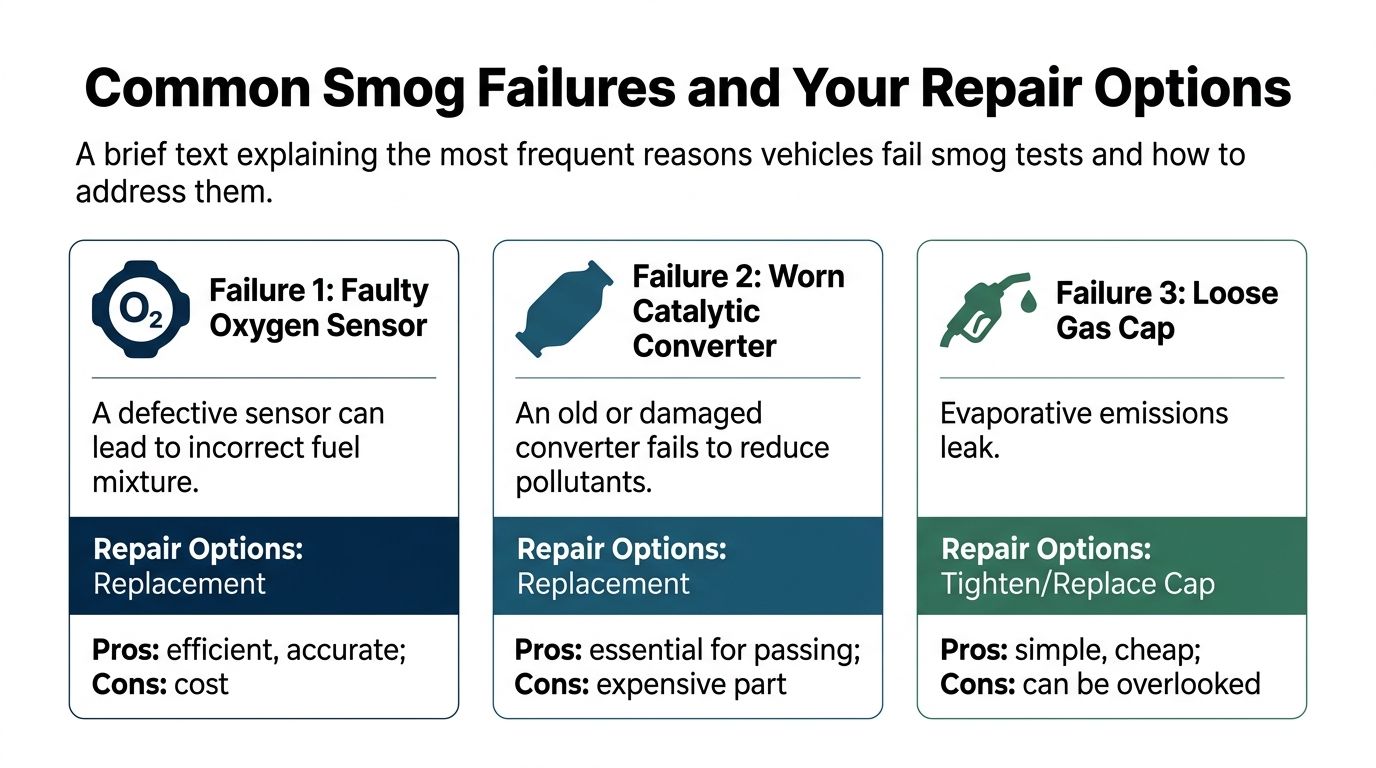 A chart showing common smog check failures including faulty oxygen sensors, worn catalytic converters, and loose gas caps.