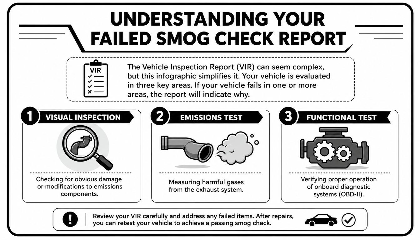 An infographic explaining the three sections of a vehicle inspection report for a failed smog check.