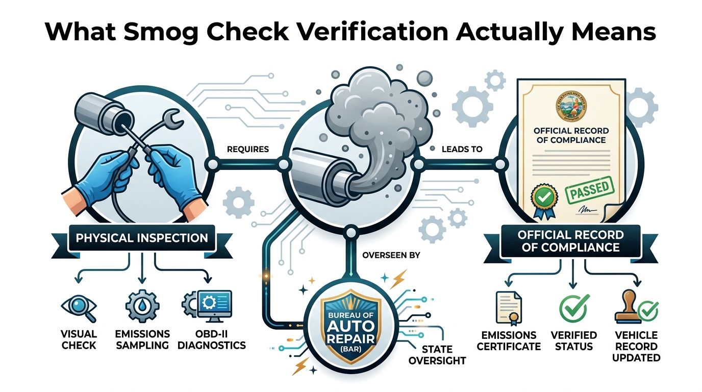 An infographic illustrating the smog check verification process involving physical inspections, official records, and state oversight.