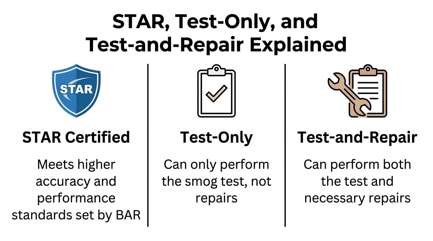 An infographic explaining the differences between STAR certified, Test-Only, and Test-and-Repair smog check stations.