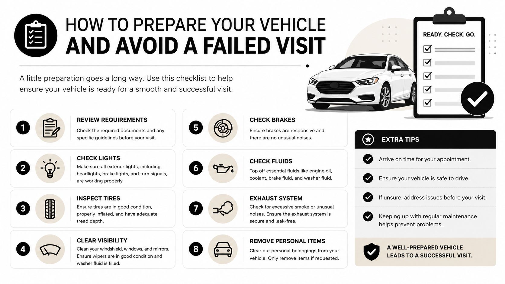 A checklist infographic illustrating eight essential steps to prepare a vehicle for a successful inspection visit.