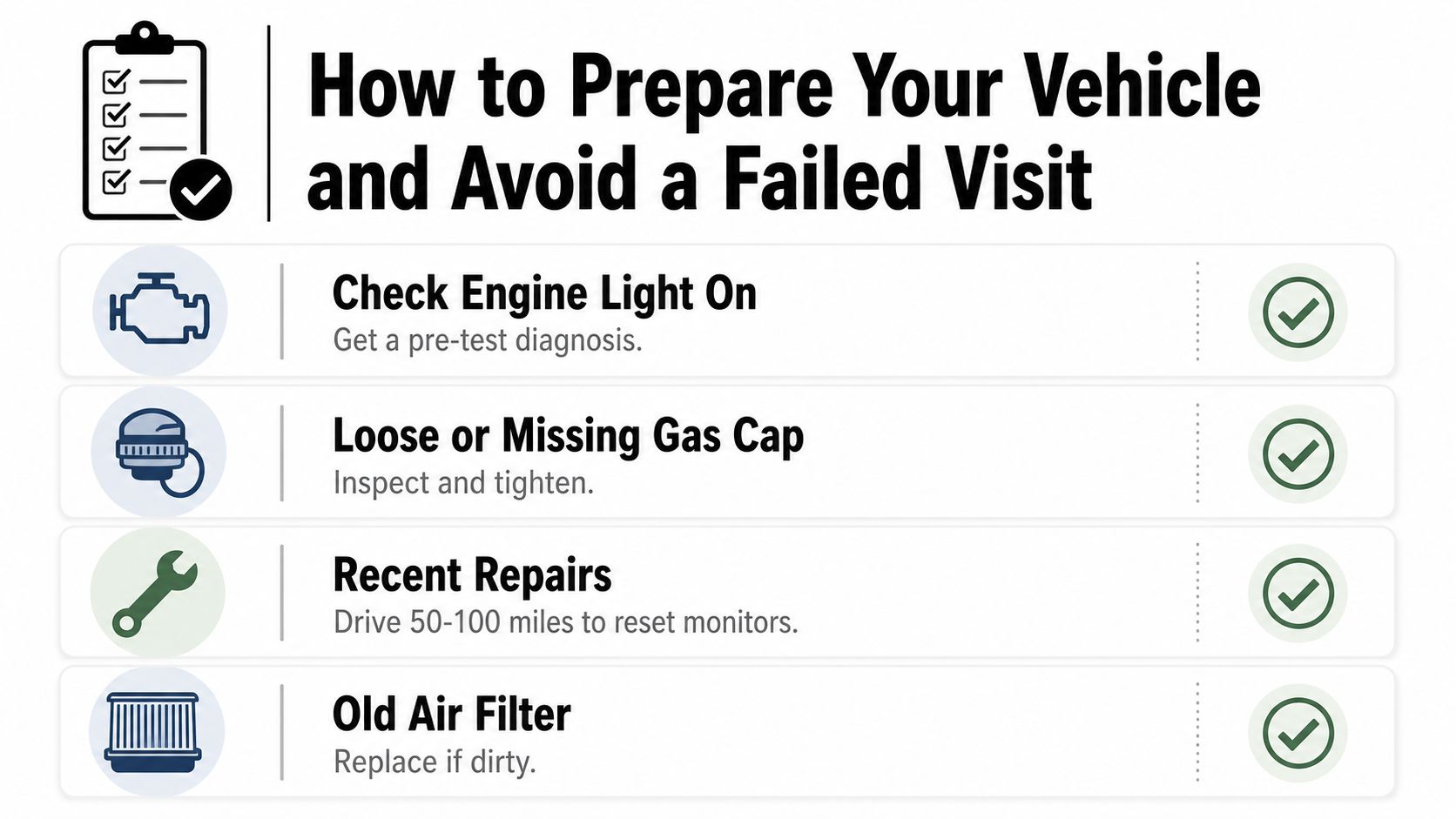 An infographic showing four steps to prepare your vehicle for an emissions test and avoid failure.