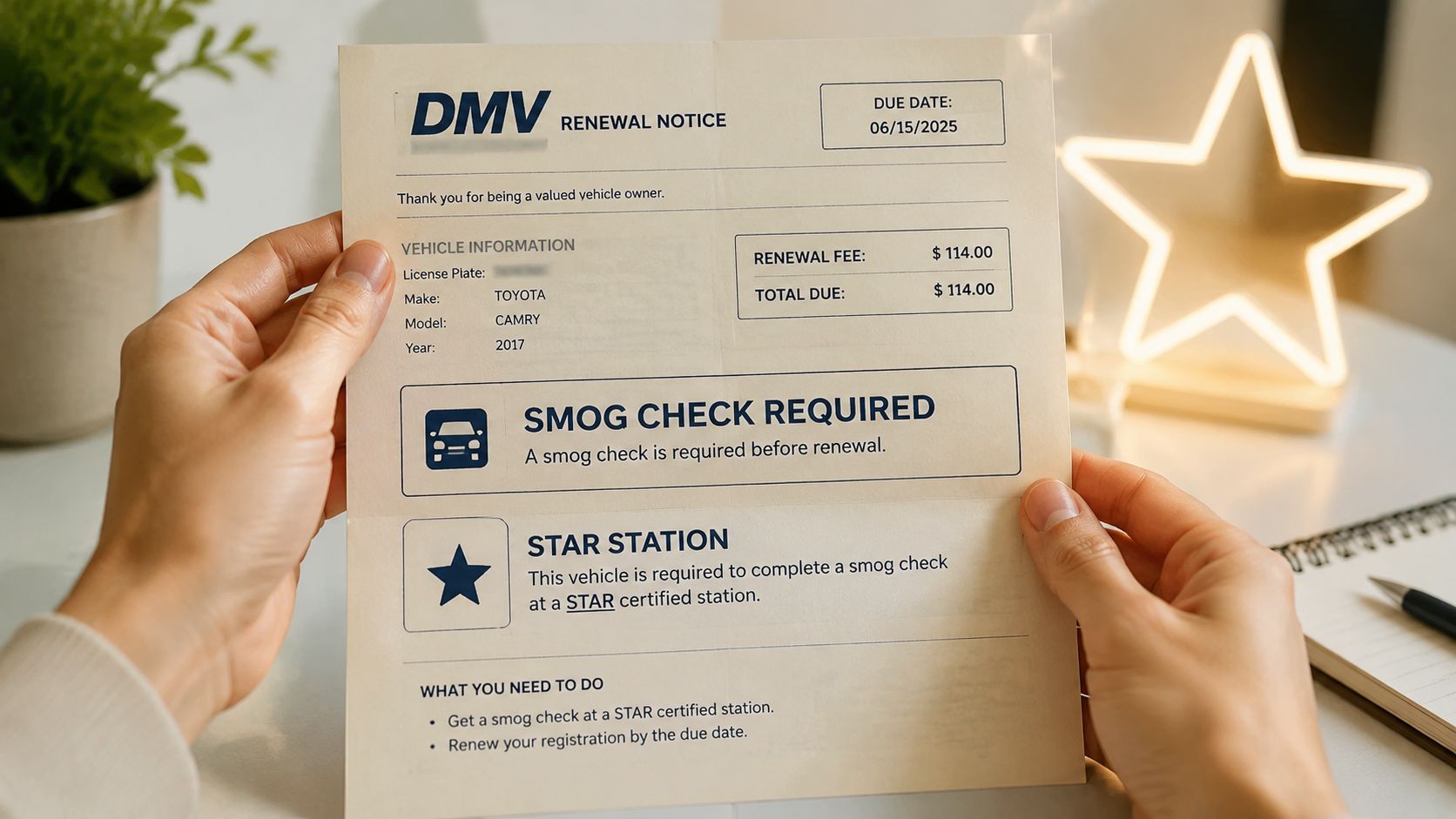 A person holds a DMV renewal notice document requiring a smog check at a STAR certified station.