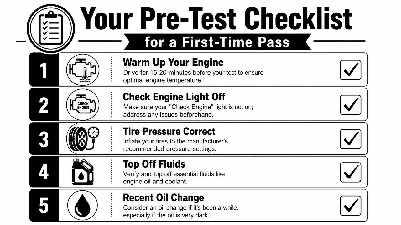A checklist for preparing a vehicle for an emissions test, including warming the engine and checking fluids.