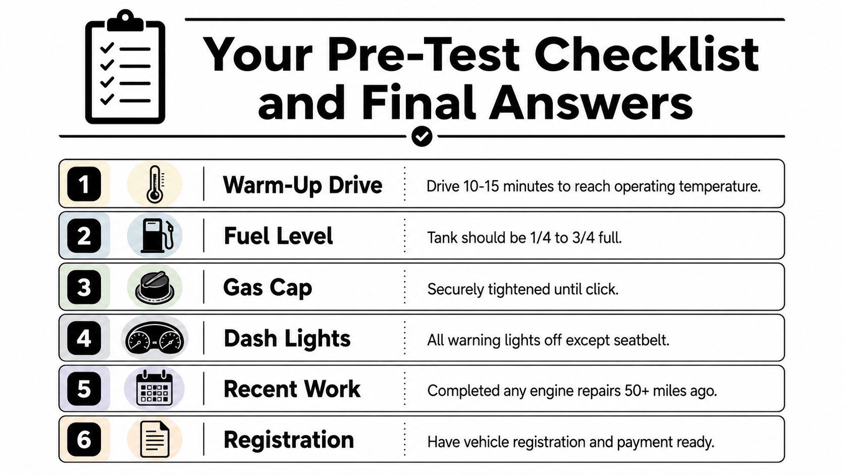 A checklist infographic titled Your Pre-Test Checklist and Final Answers with six steps for vehicle preparation.